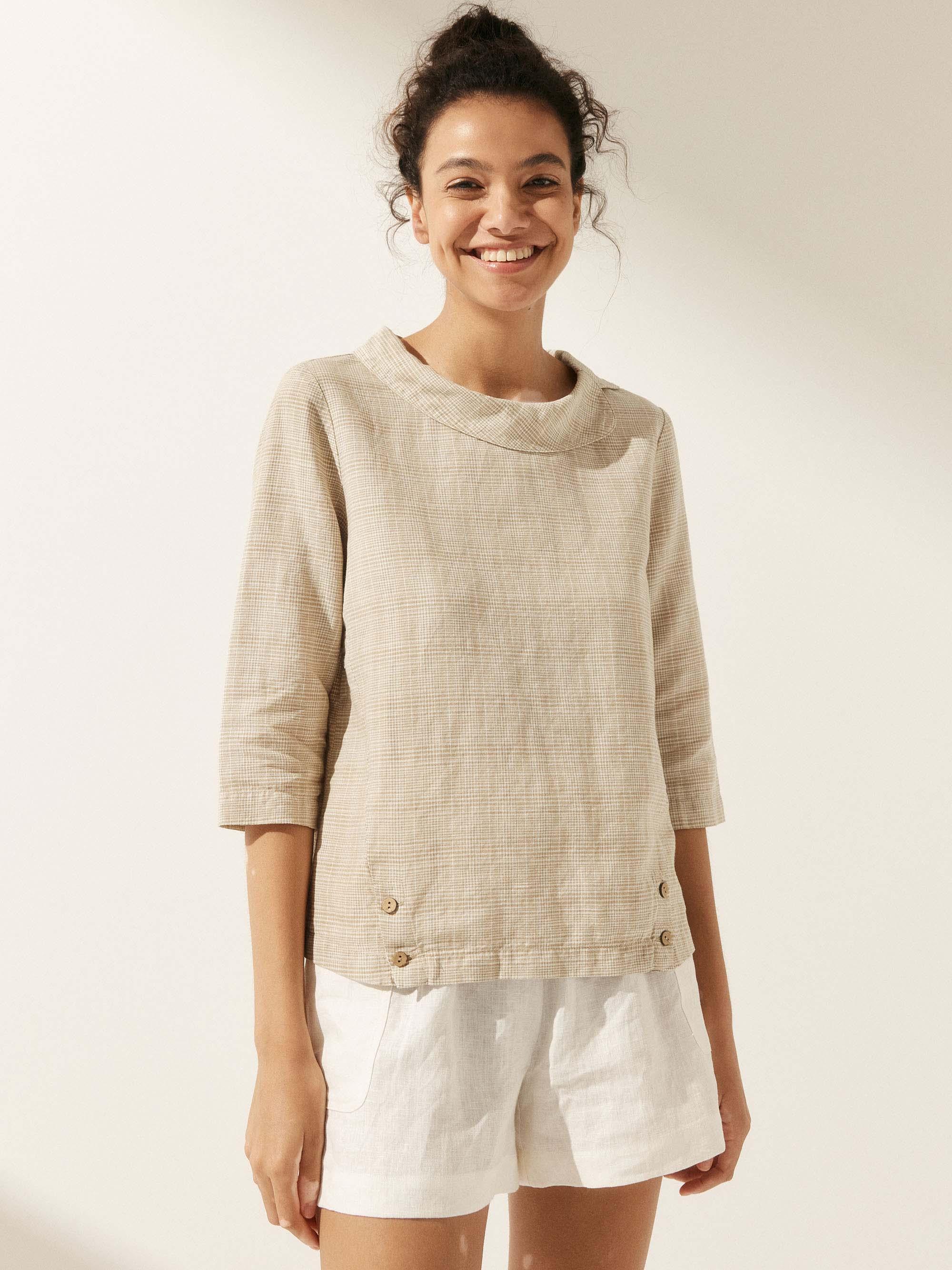 Linen Round Soft-Fold Collar Top ANAIS - Willow Cream / S - TOPS-Linen Blouses