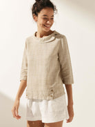 Linen Gingham Checked Round Soft-Fold Collar Top - Willow Cream / S - TOPS-Linen Blouses