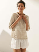 Linen Round Soft-Fold Collar Top ANAIS - TOPS-Linen Blouses