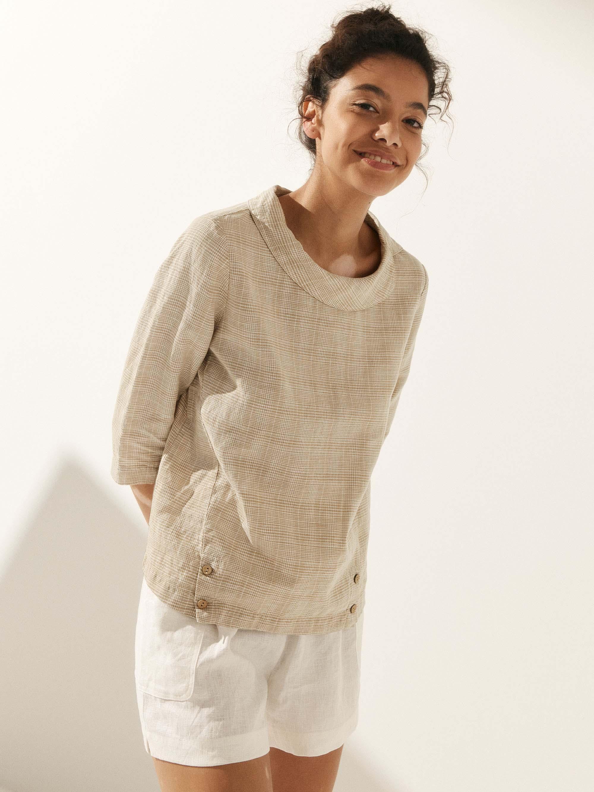 Linen Gingham Checked Round Soft-Fold Collar Top - TOPS-Linen Blouses