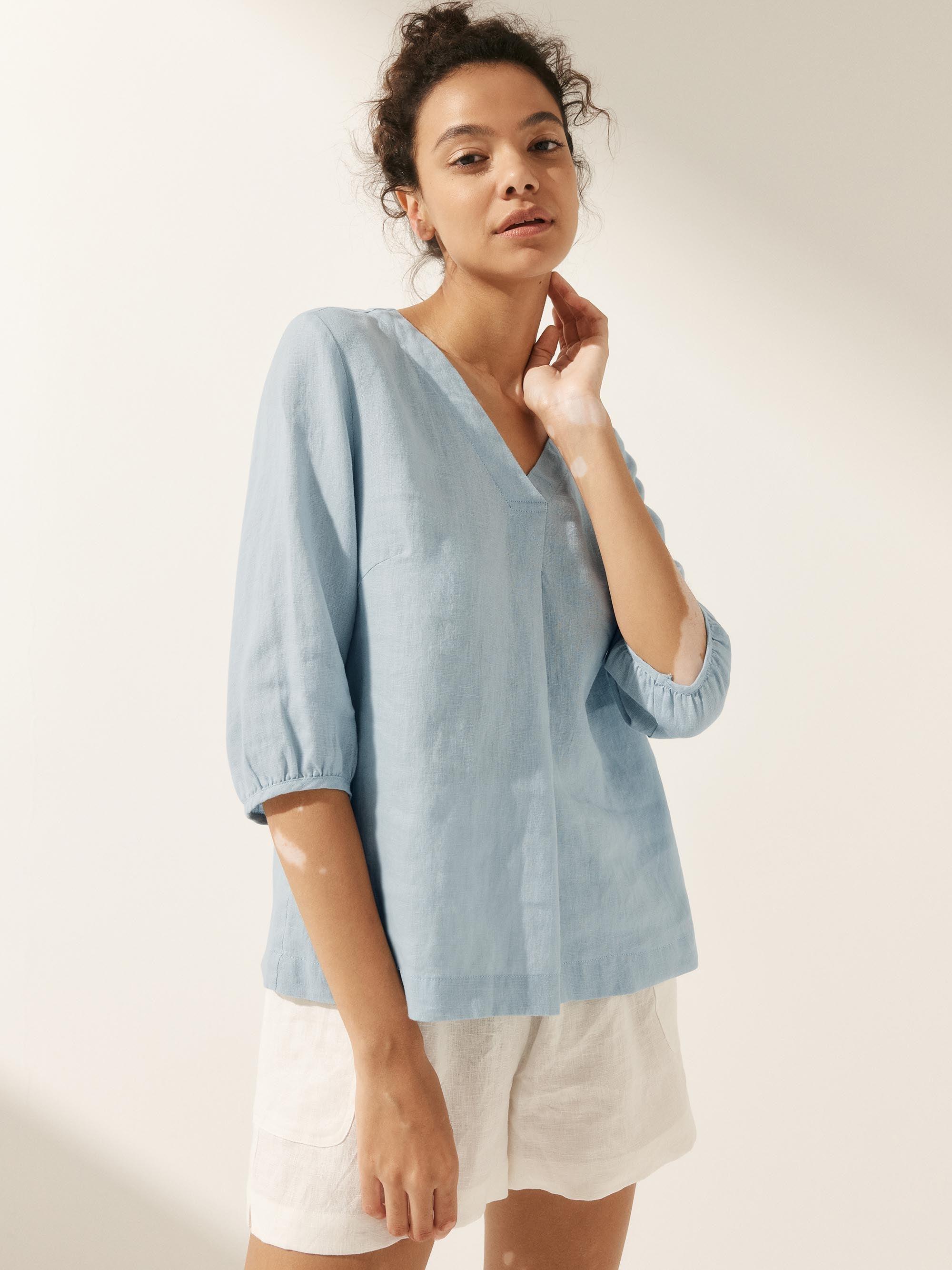 100% Linen Puff Sleeves Top - TOPS-Linen Blouses