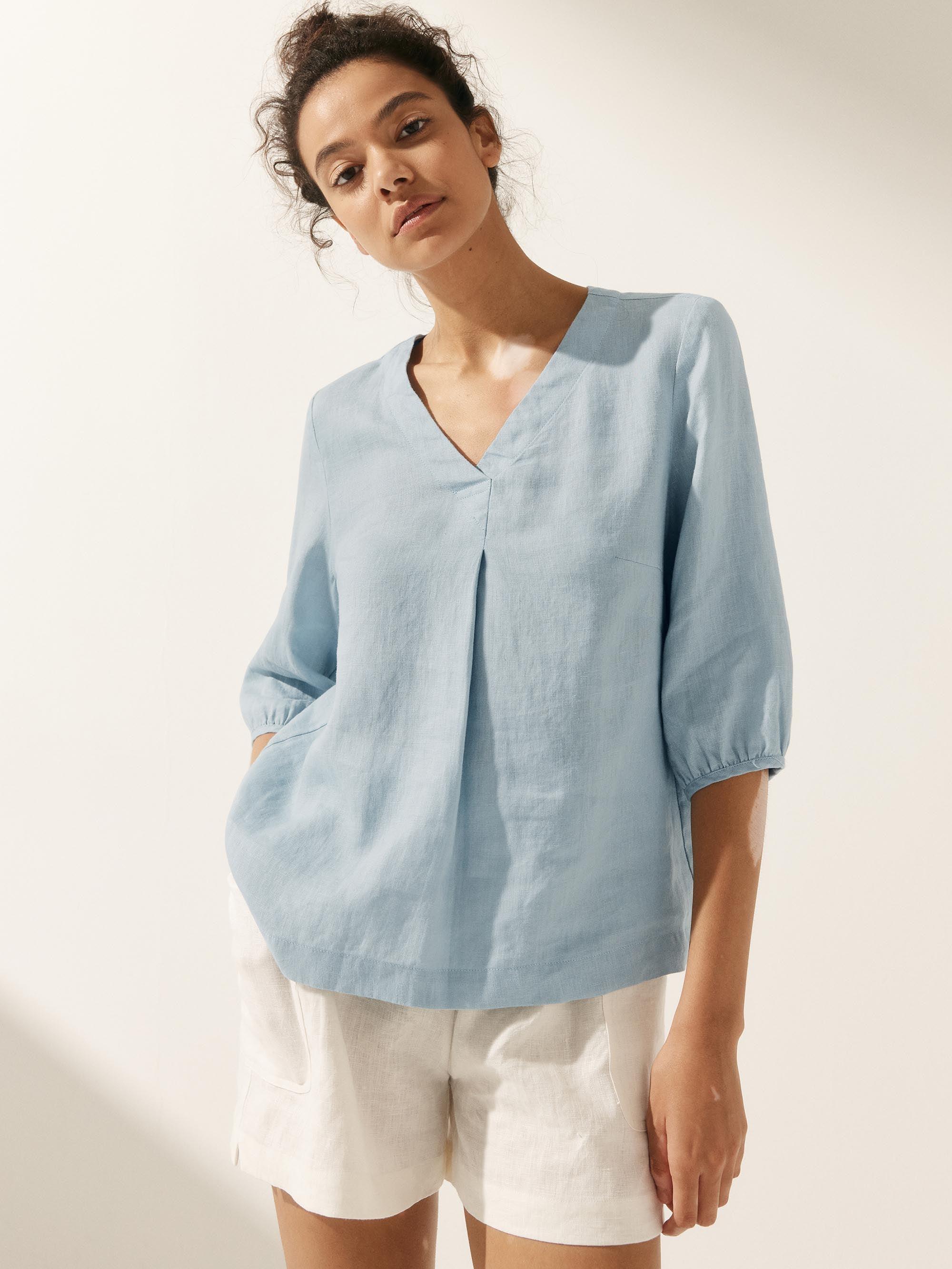 100% Linen Puff Sleeves Top - TOPS-Linen Blouses