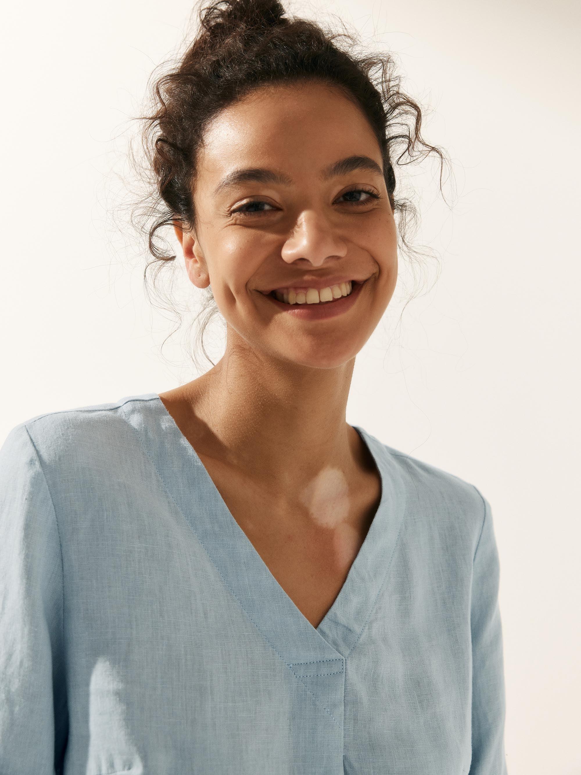 100% Linen Puff Sleeves Top - TOPS-Linen Blouses