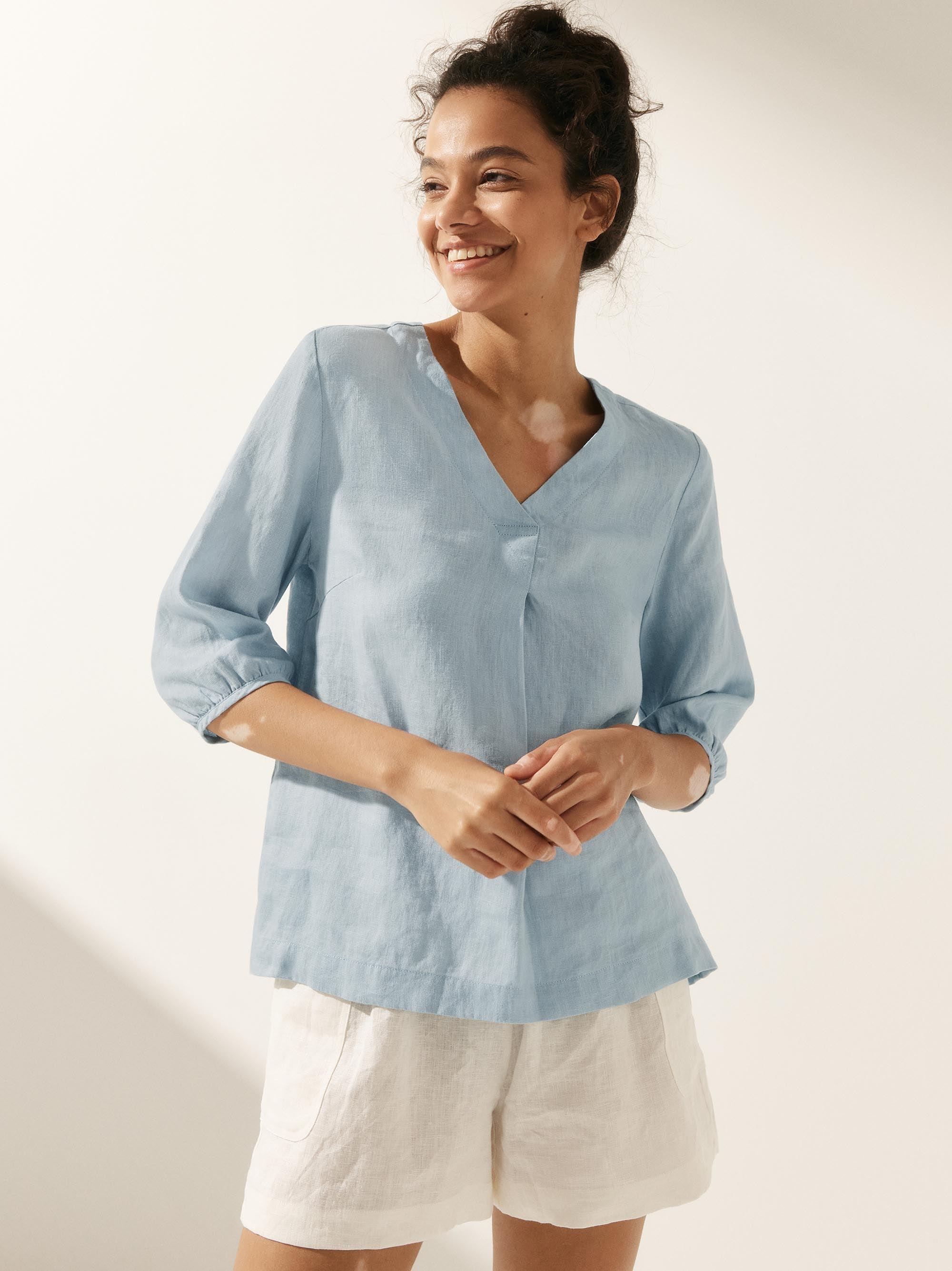100% Linen Puff Sleeves Top - TOPS-Linen Blouses