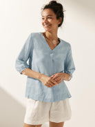 100% Linen Striped Puff Sleeves Top - TOPS-Linen Blouses