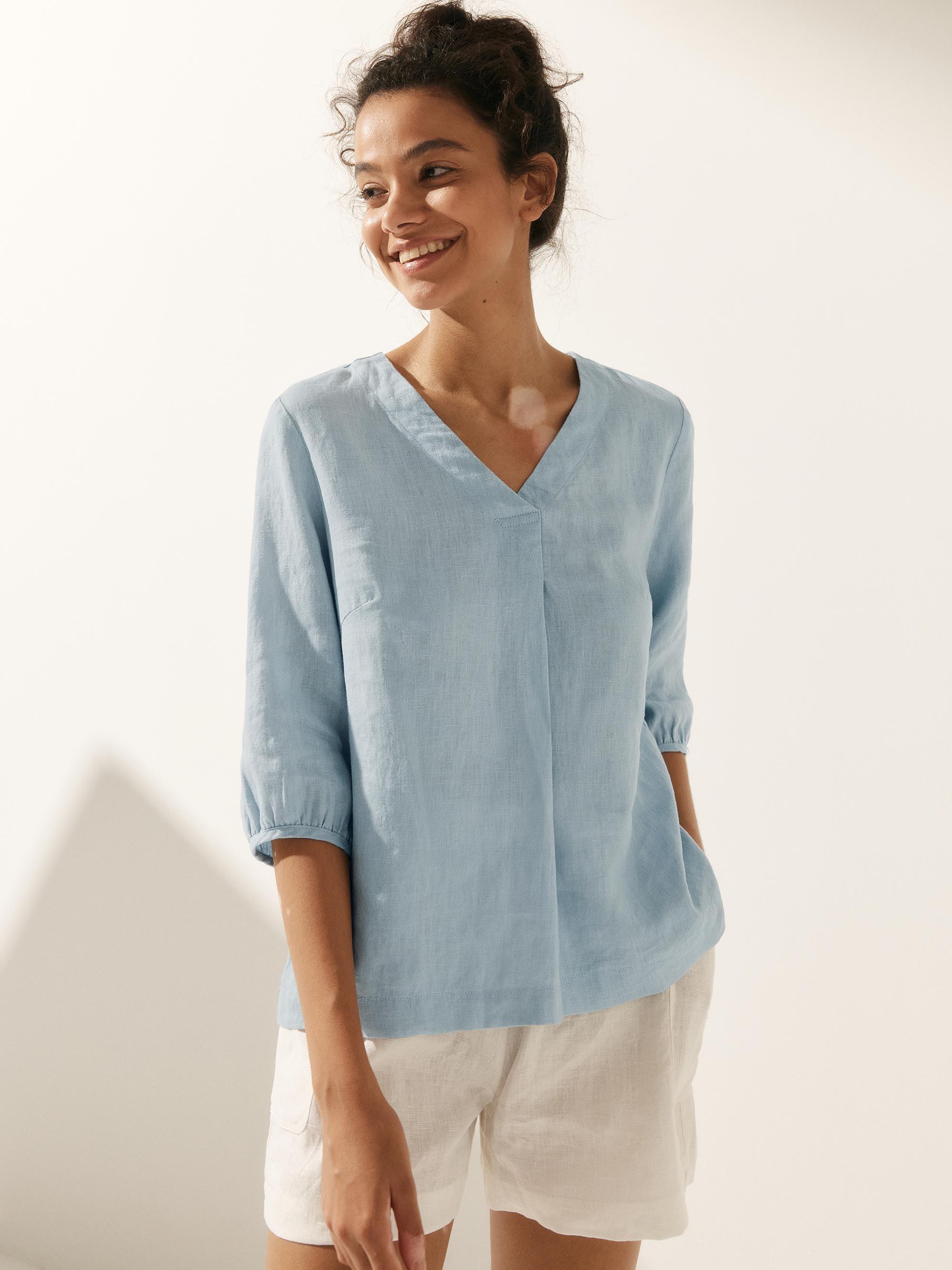 100% Linen Puff Sleeves Top - Ice Blue / S - TOPS-Linen Blouses
