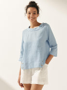 Linen Gingham Checked Round Soft-Fold Collar Top - TOPS-Linen Blouses