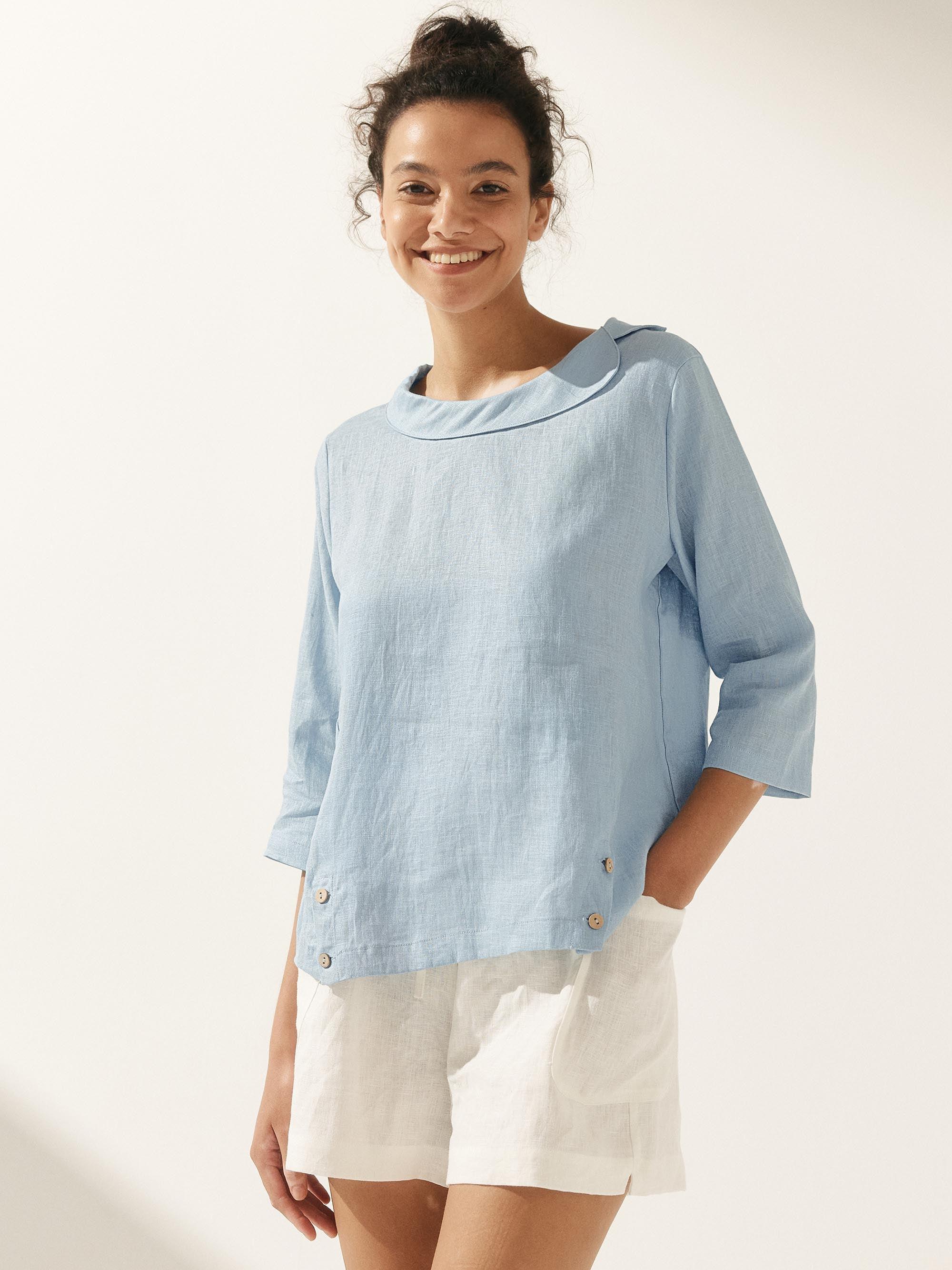 Linen Round Soft-Fold Collar Top ANAIS - Ice Blue / S - TOPS-Linen Blouses