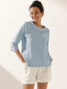 Linen Gingham Checked Round Soft-Fold Collar Top - Ice Blue / S - TOPS-Linen Blouses
