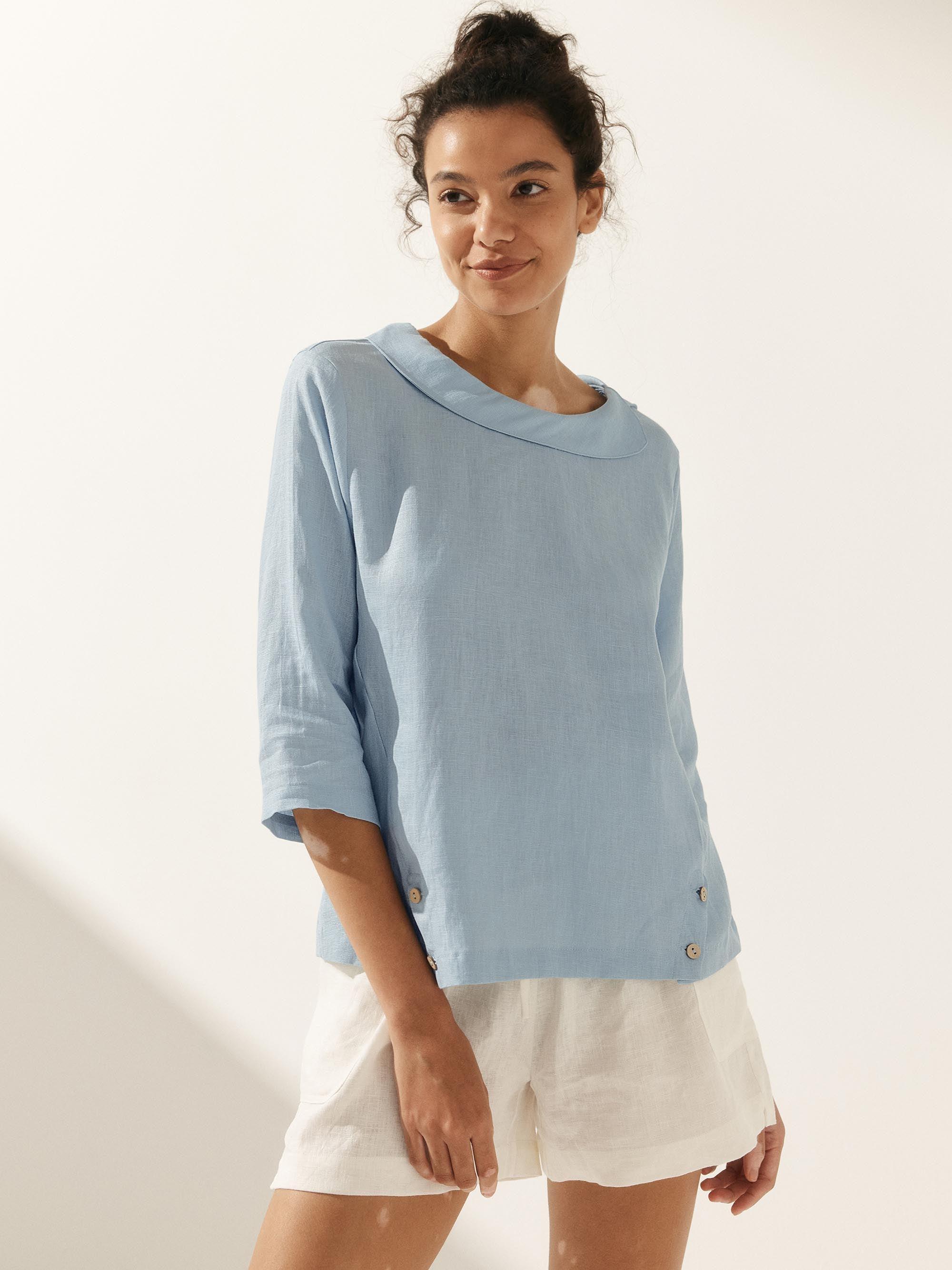 Linen Round Soft-Fold Collar Top ANAIS - TOPS-Linen Blouses