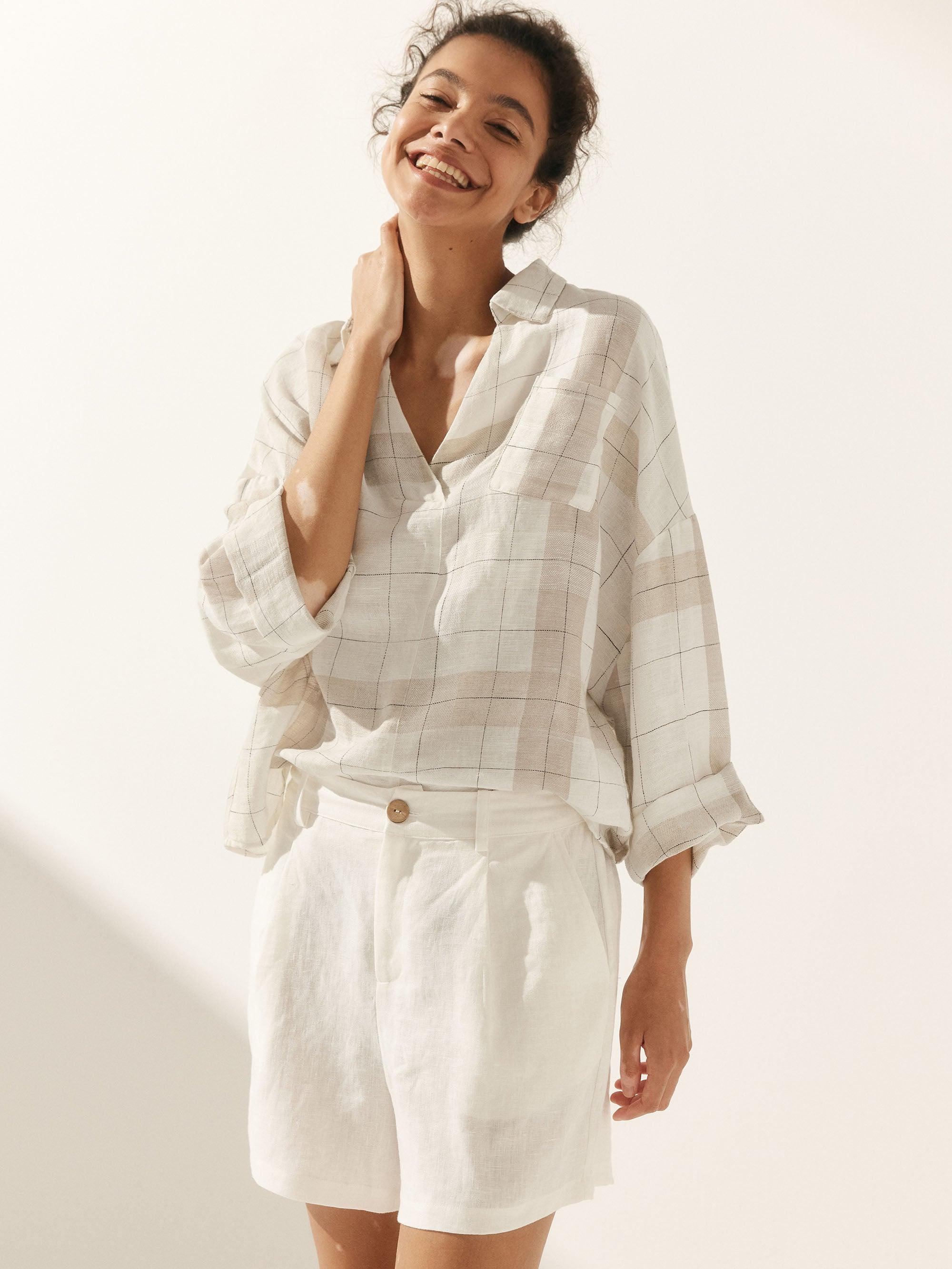 Linen Oversized Fit Pocket Shirt ELOWEN - TOPS-Linen Blouses