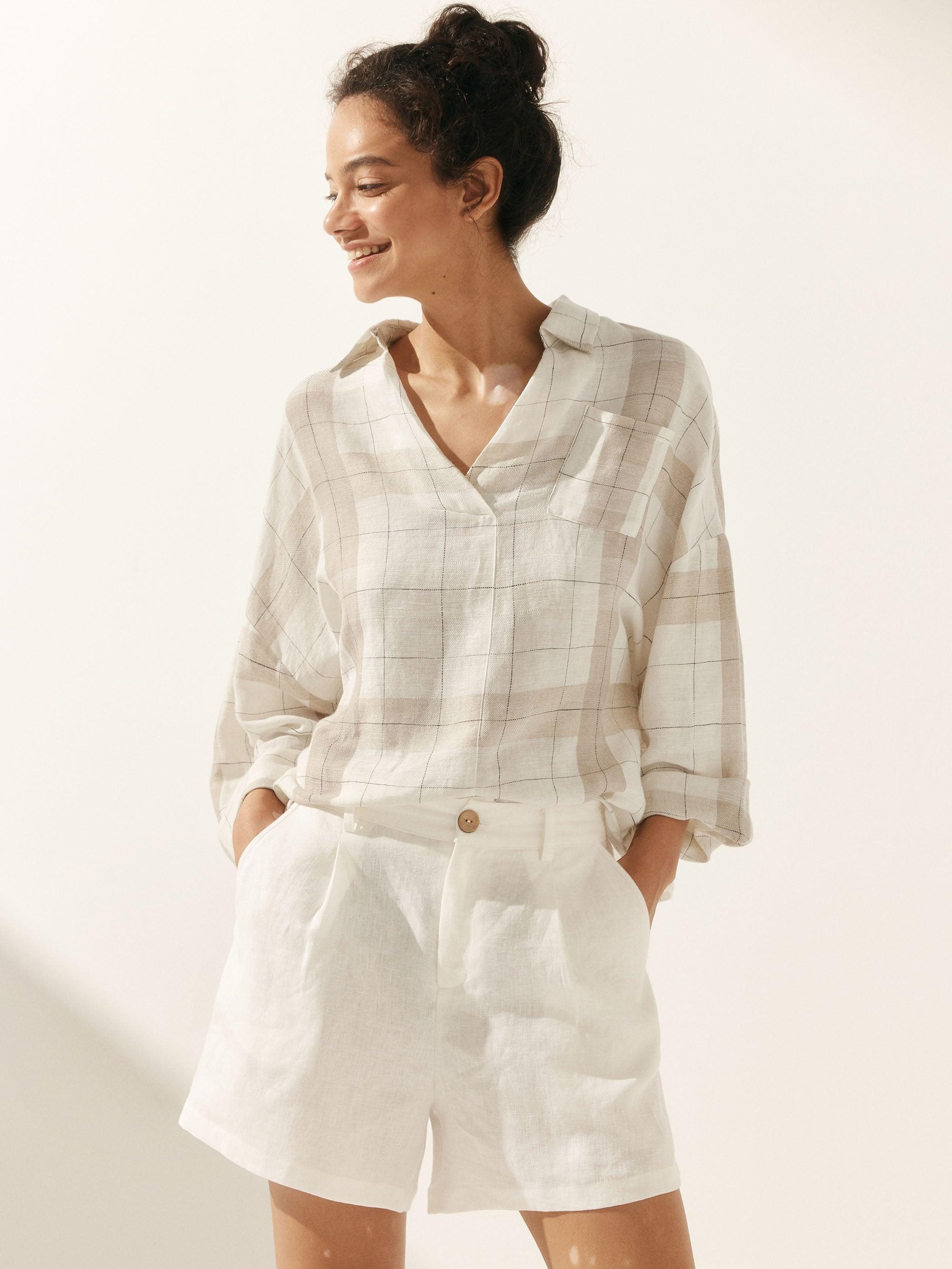 Linen Oversized Fit Pocket Shirt ELOWEN - Tan Beige / XS - TOPS-Linen Blouses