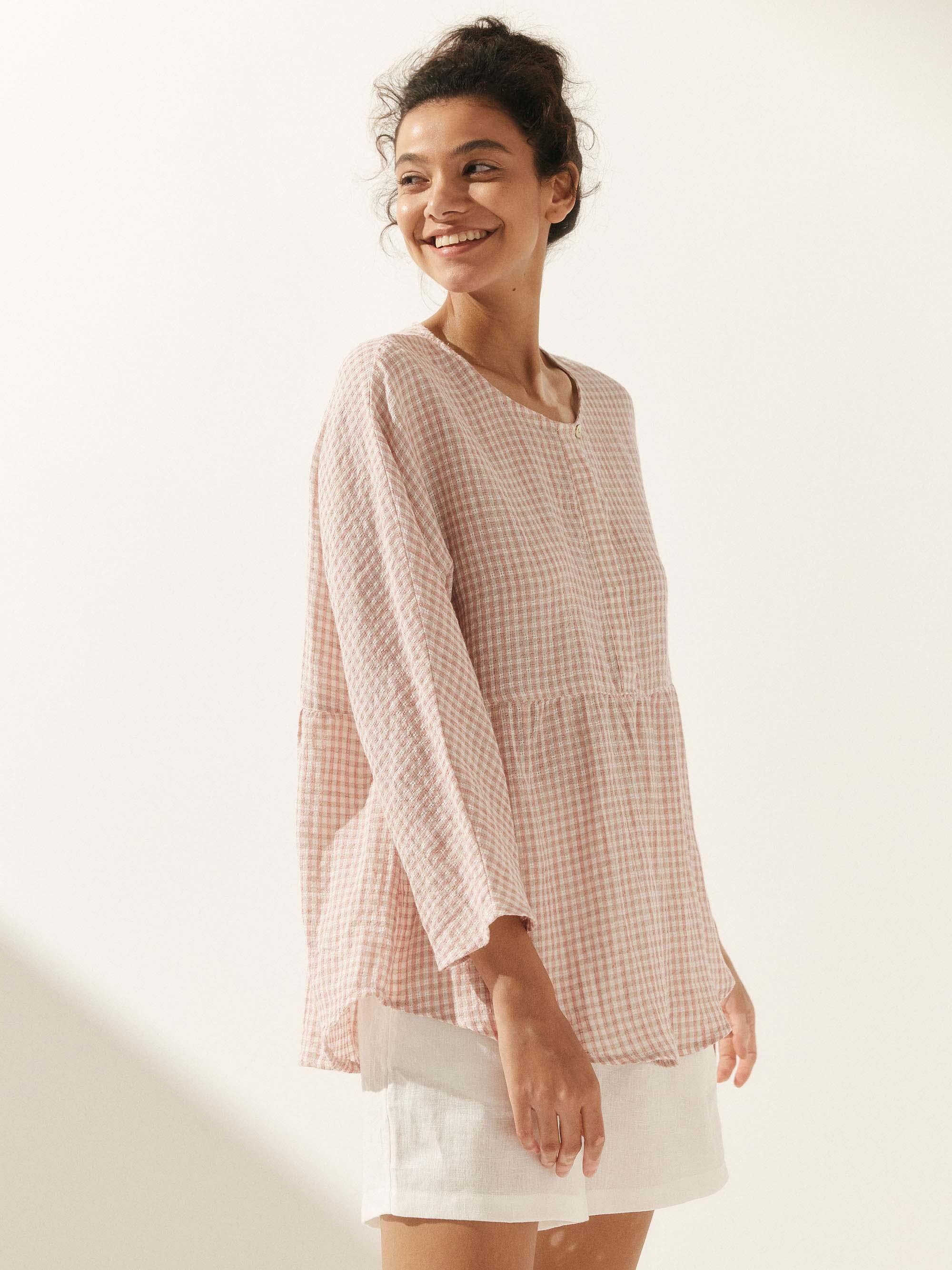 Linen Checked Long-Sleeved Top - TOPS-Linen Blouses