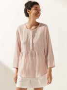Linen Checked Long-Sleeved Top - TOPS-Linen Blouses
