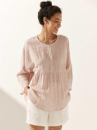 Linen Checked Long-Sleeved Top - Shell Pink / S - TOPS-Linen Blouses