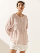 Linen Checked Long-Sleeved Top - TOPS-Linen Blouses
