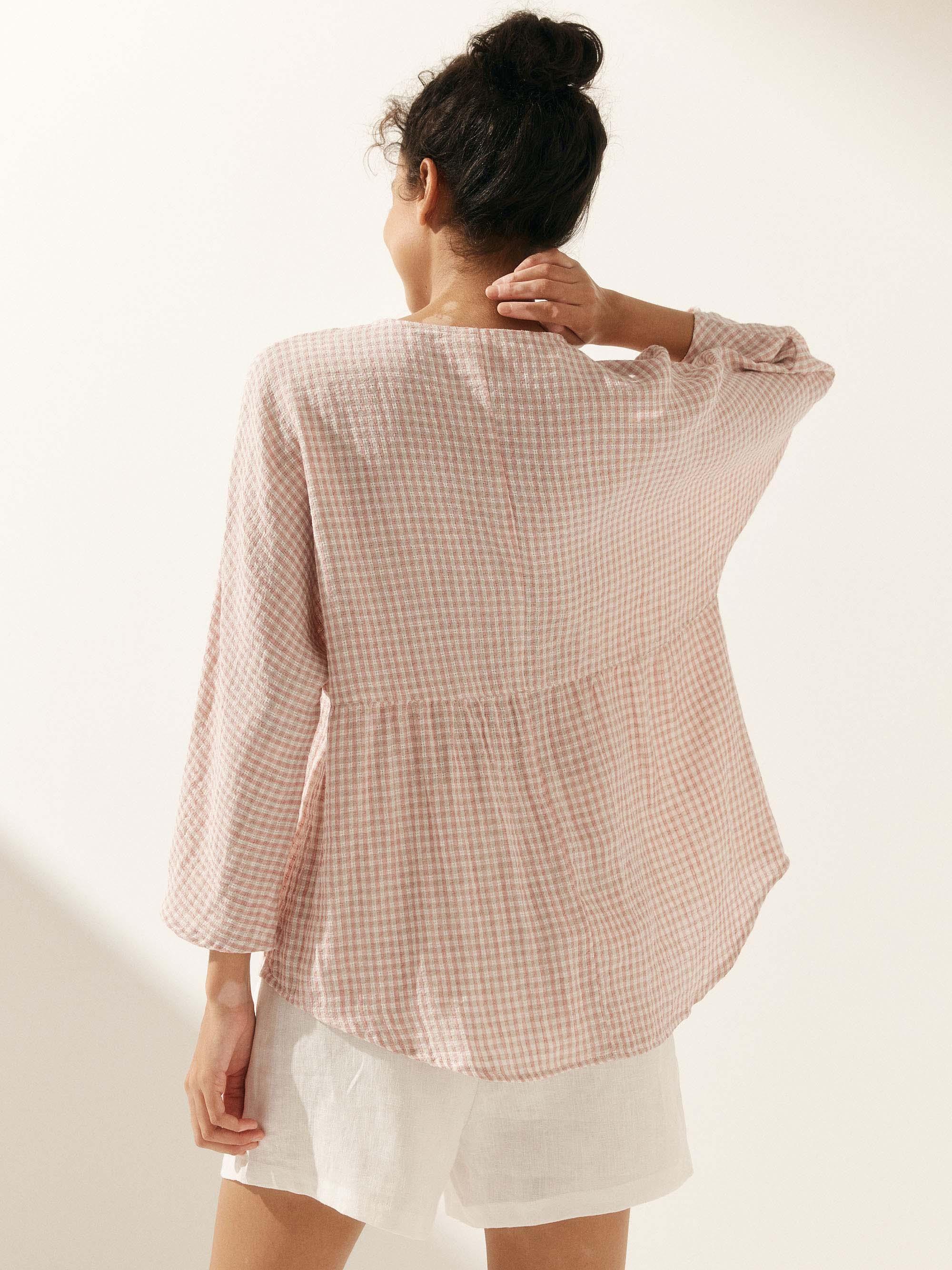 Linen Checked Long-Sleeved Top - TOPS-Linen Blouses