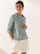 Linen Gingham Checked Round Soft-Fold Collar Top - TOPS-Linen Blouses