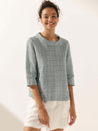 Linen Gingham Checked Round Soft-Fold Collar Top - TOPS-Linen Blouses