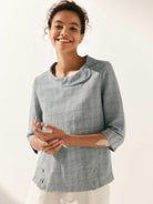 Linen Round Soft-Fold Collar Top ANAIS - Fog Grey Plaid / S - TOPS-Linen Blouses