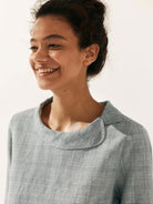 Linen Gingham Checked Round Soft-Fold Collar Top - TOPS-Linen Blouses