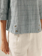 Linen Gingham Checked Round Soft-Fold Collar Top - TOPS-Linen Blouses