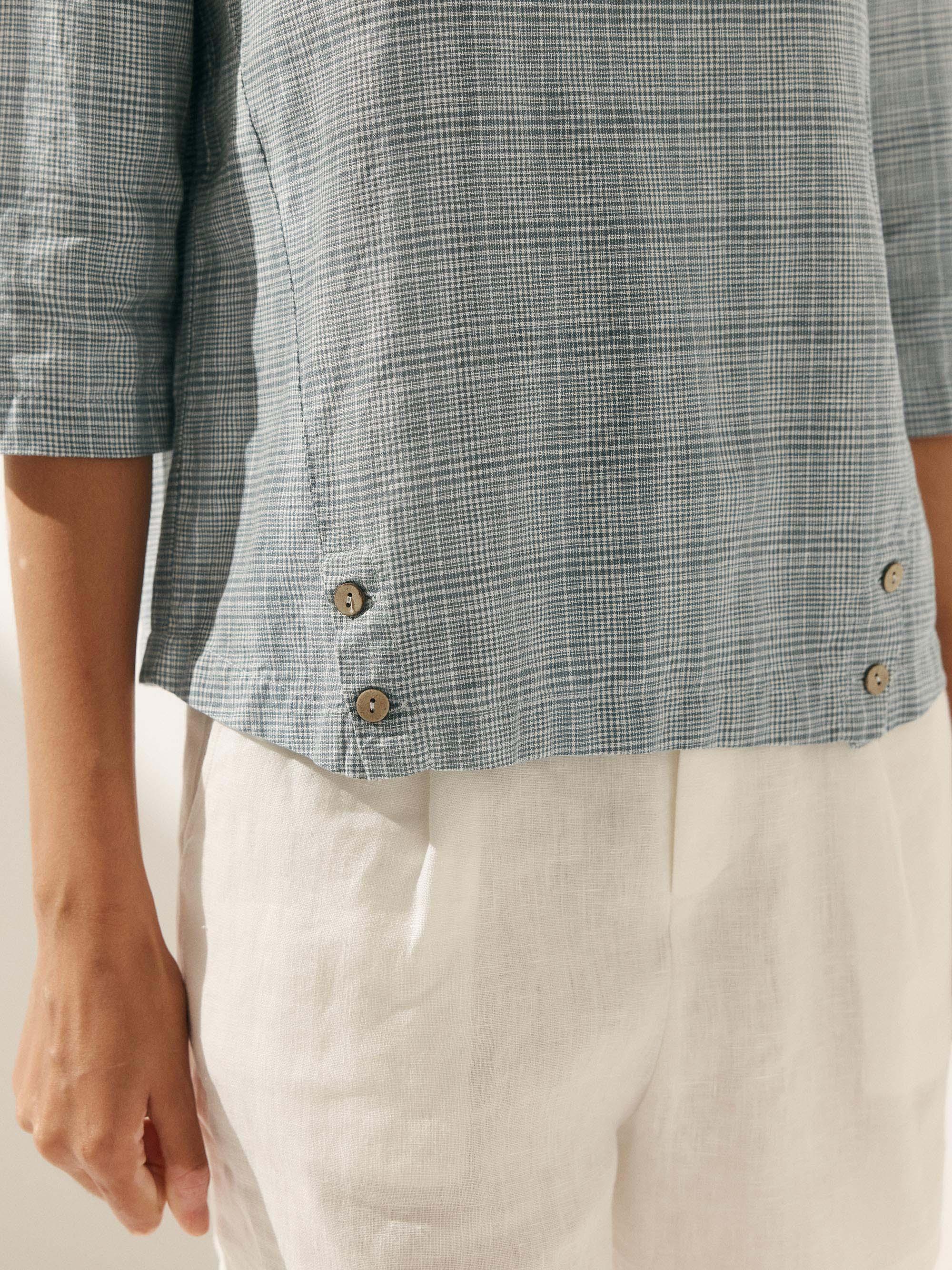 Linen Gingham Checked Round Soft-Fold Collar Top - TOPS-Linen Blouses