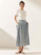 Linen Checked Elastic Waist Skirt - bottoms