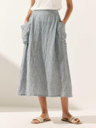 100% Linen Elastic Waist Skirt MARINA - Ocean Cream / S - BOTTOMS-Linen Skirts
