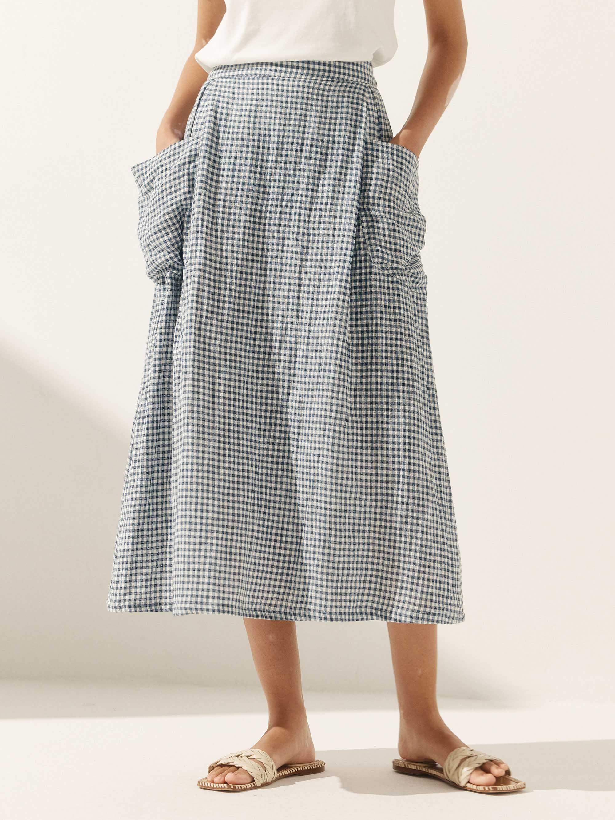 Linen Checked Elastic Waist Skirt - Ocean Cream / S - bottoms
