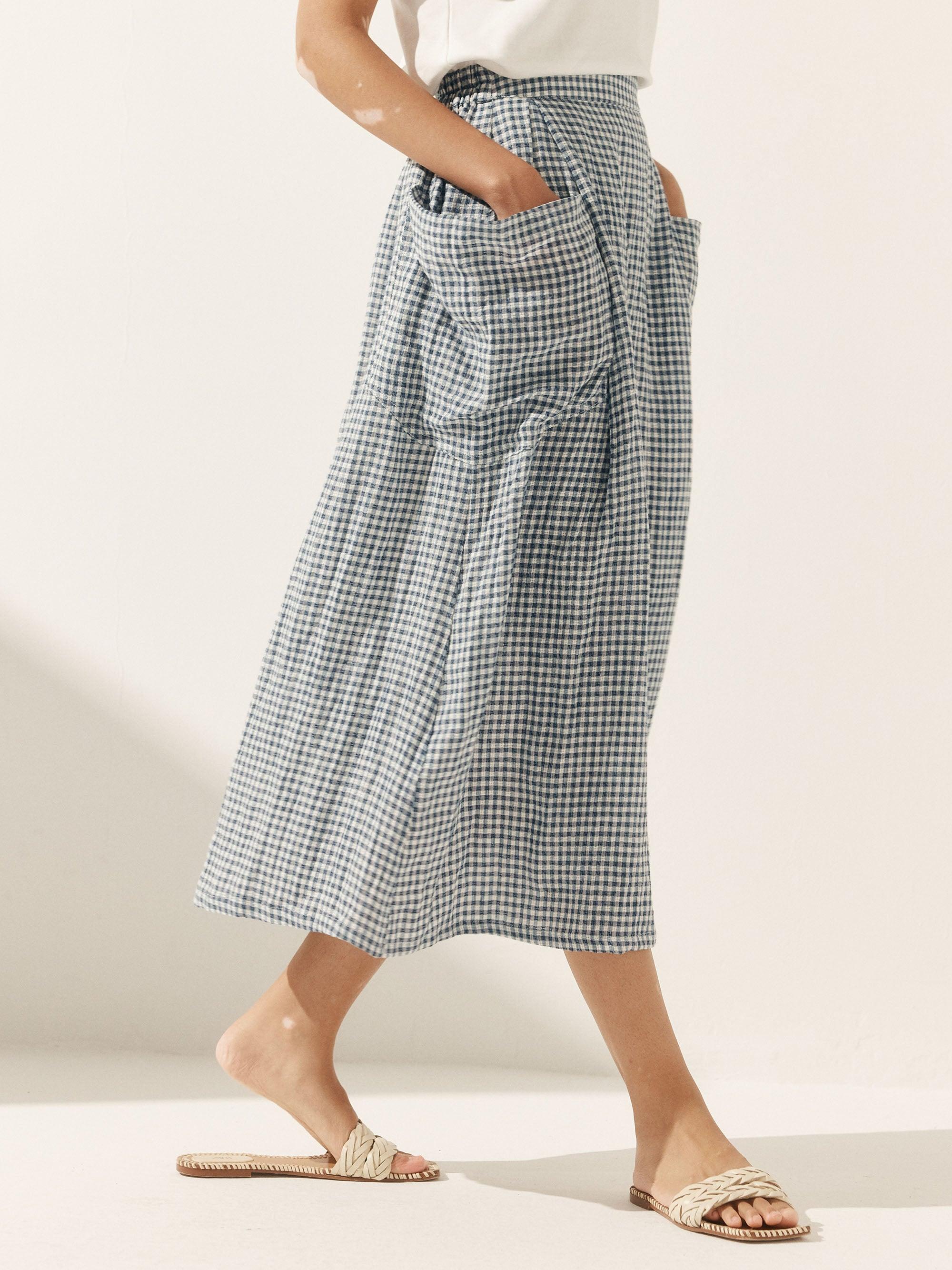 Linen Checked Elastic Waist Skirt - bottoms