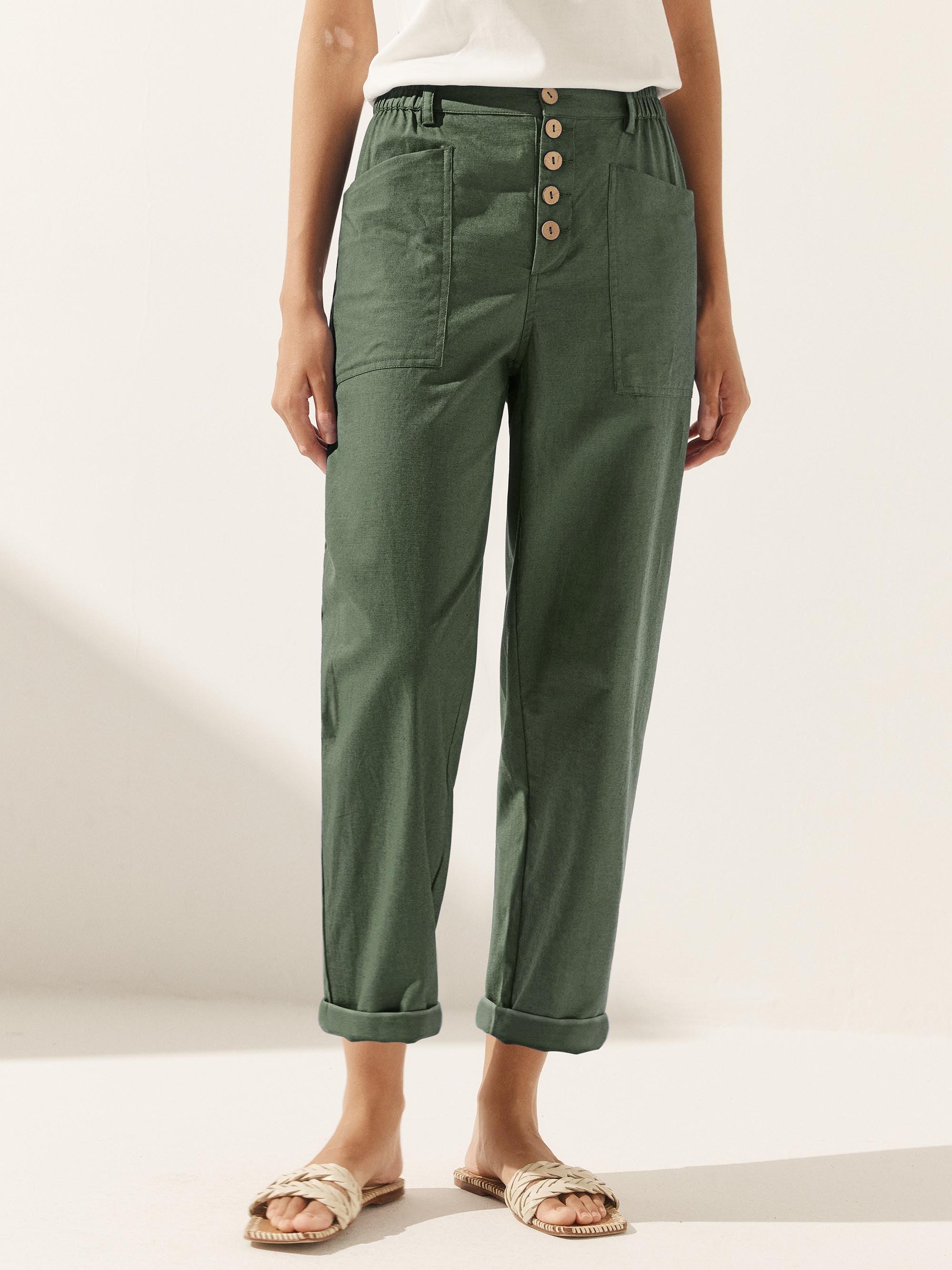 Linen Simple Button Fly Trousers HEIDI - Forest Green / XS - BOTTOMS-Linen Pants