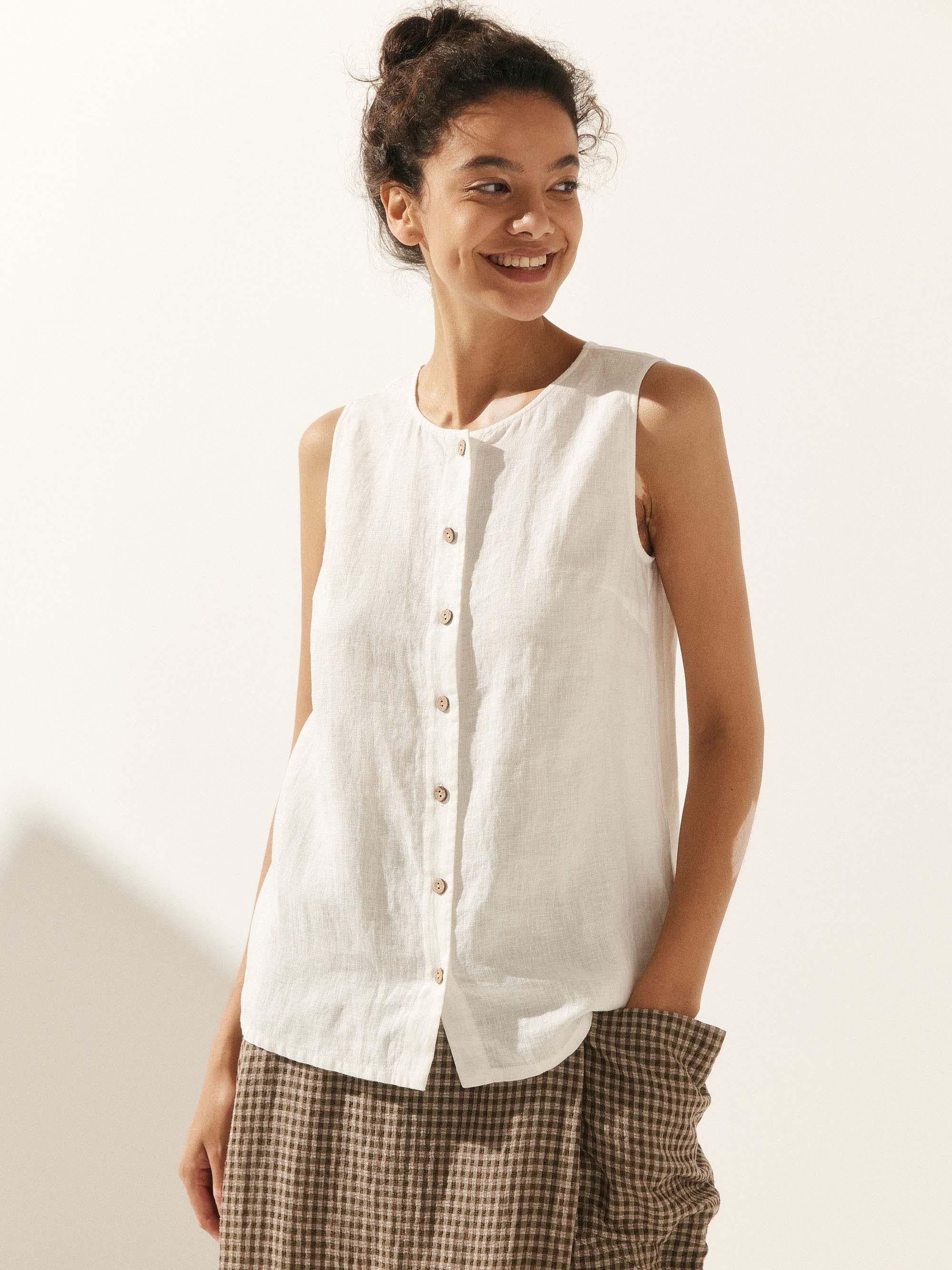 100% Linen Buttons Down Tank Top - TOPS-Linen Tanks