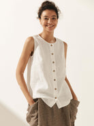 100% Linen Buttons Down Tank Top - Optic White / S - TOPS-Linen Tanks
