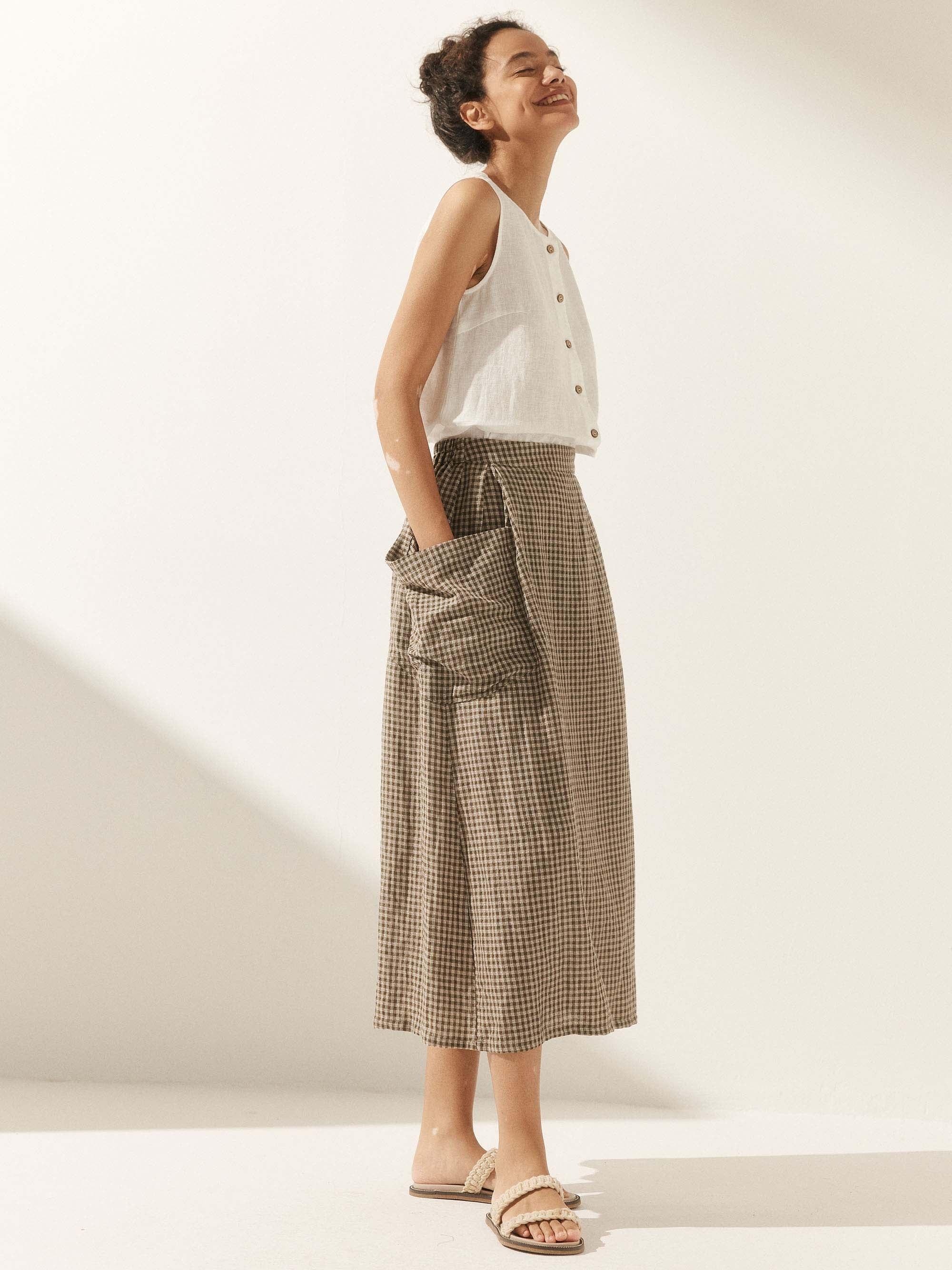 Linen Checked Elastic Waist Skirt - bottoms