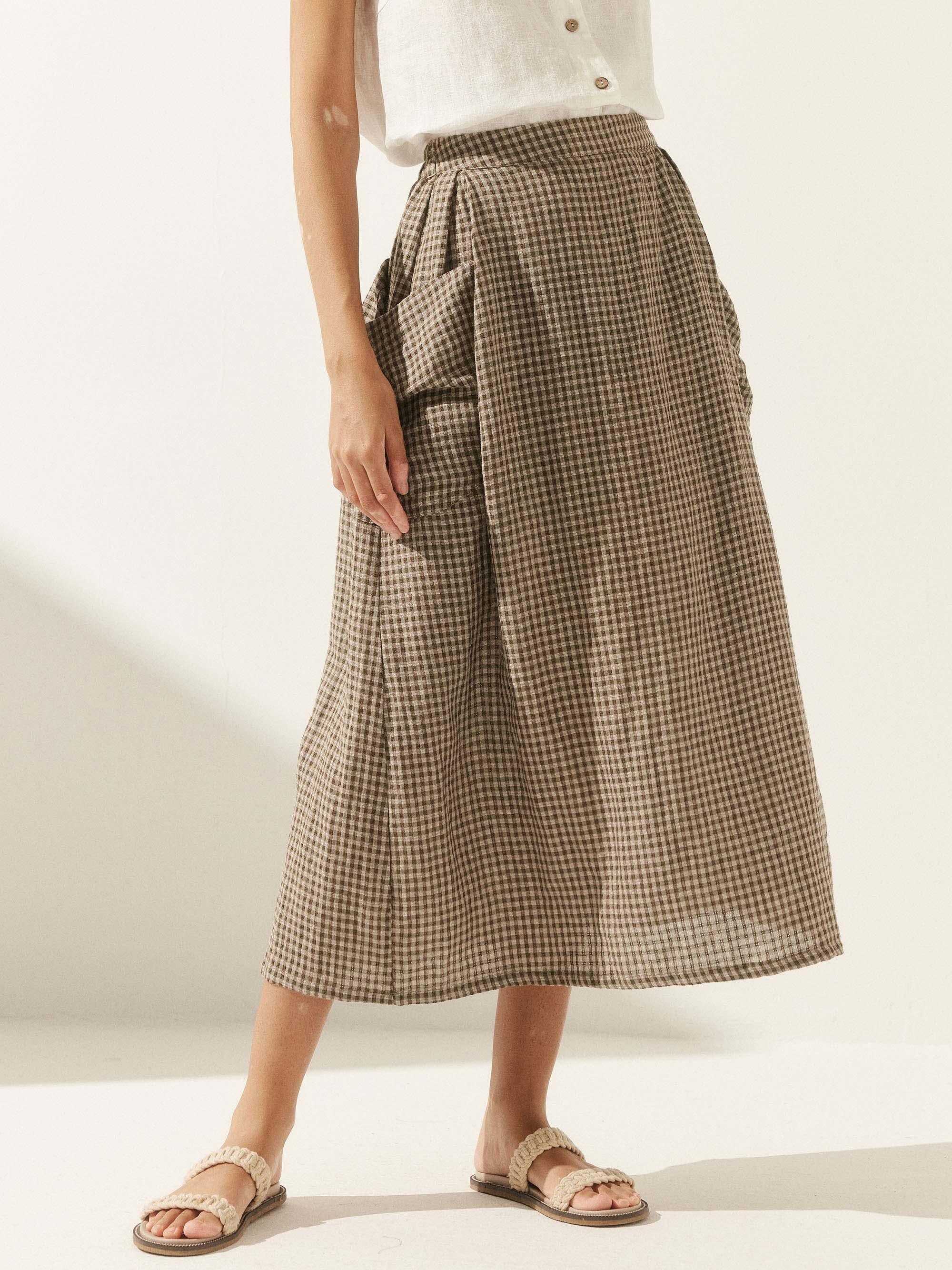 Linen Checked Elastic Waist Skirt - Chocolate / S - bottoms
