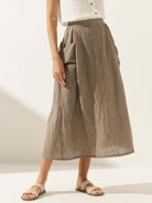 Linen Checked Elastic Waist Skirt - Chocolate / S - bottoms