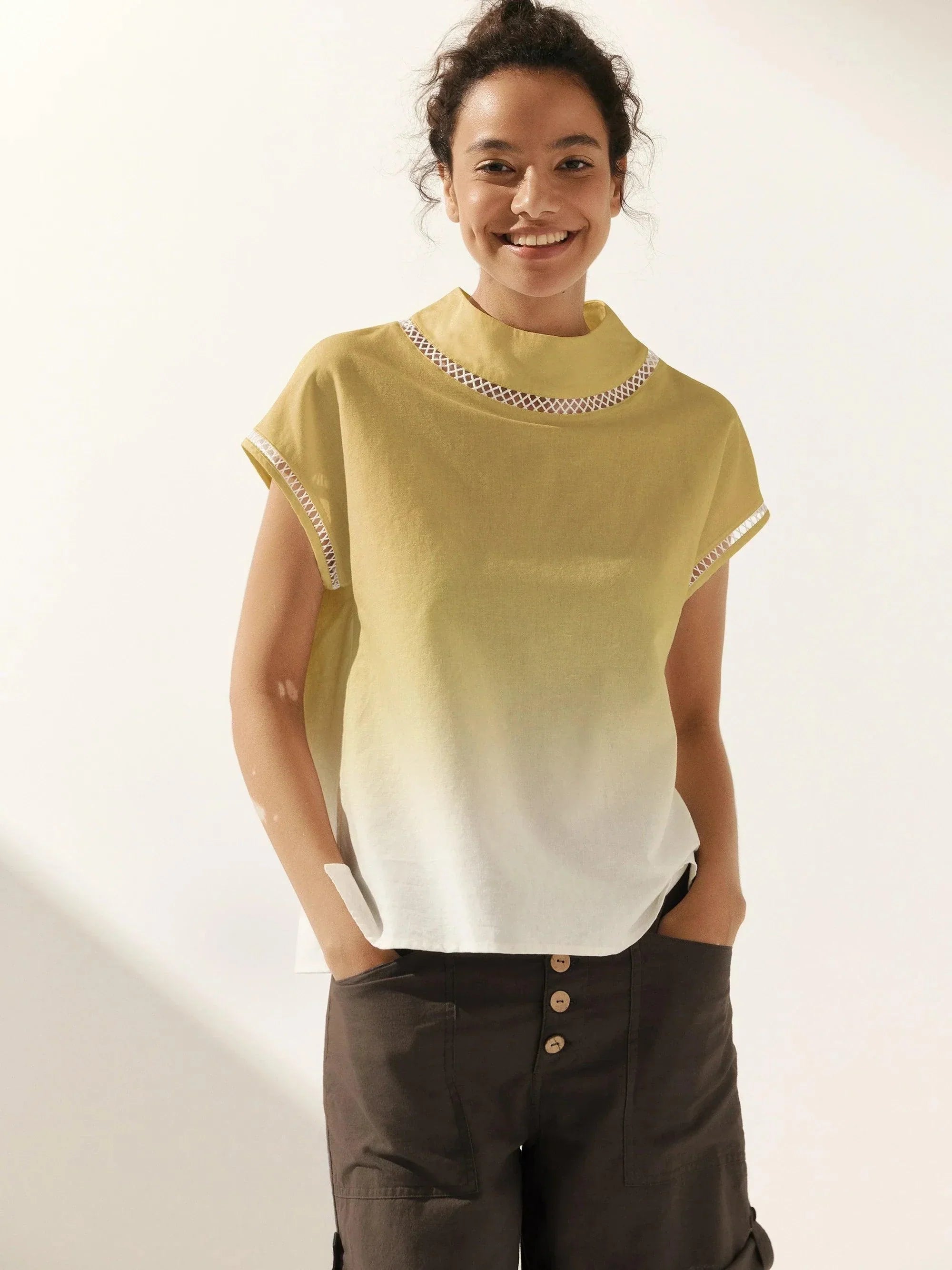 Linen Cutout Turtleneck Top - TOPS-Linen Blouses