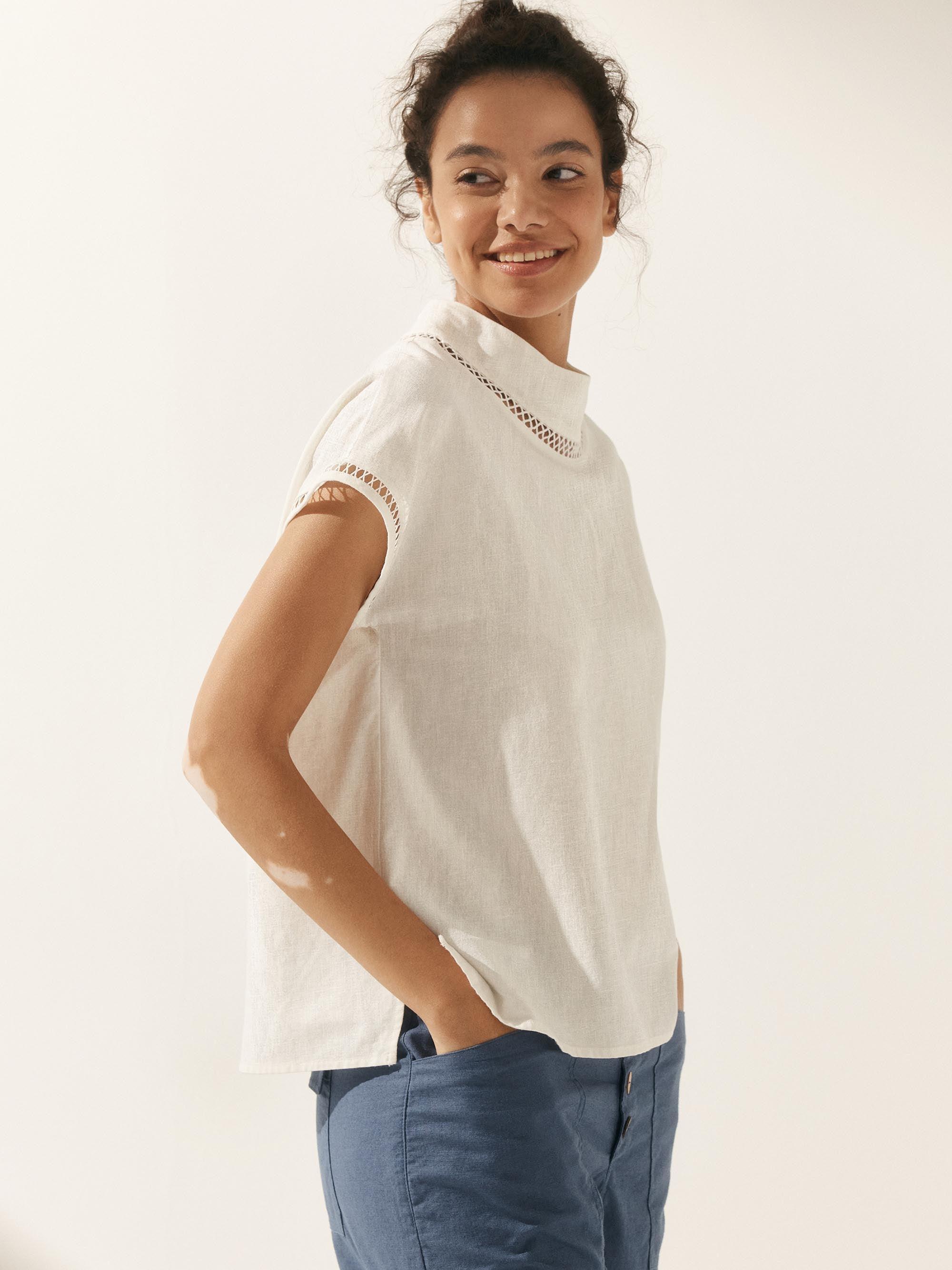 Linen Cutout Turtleneck Top - TOPS-Linen Blouses