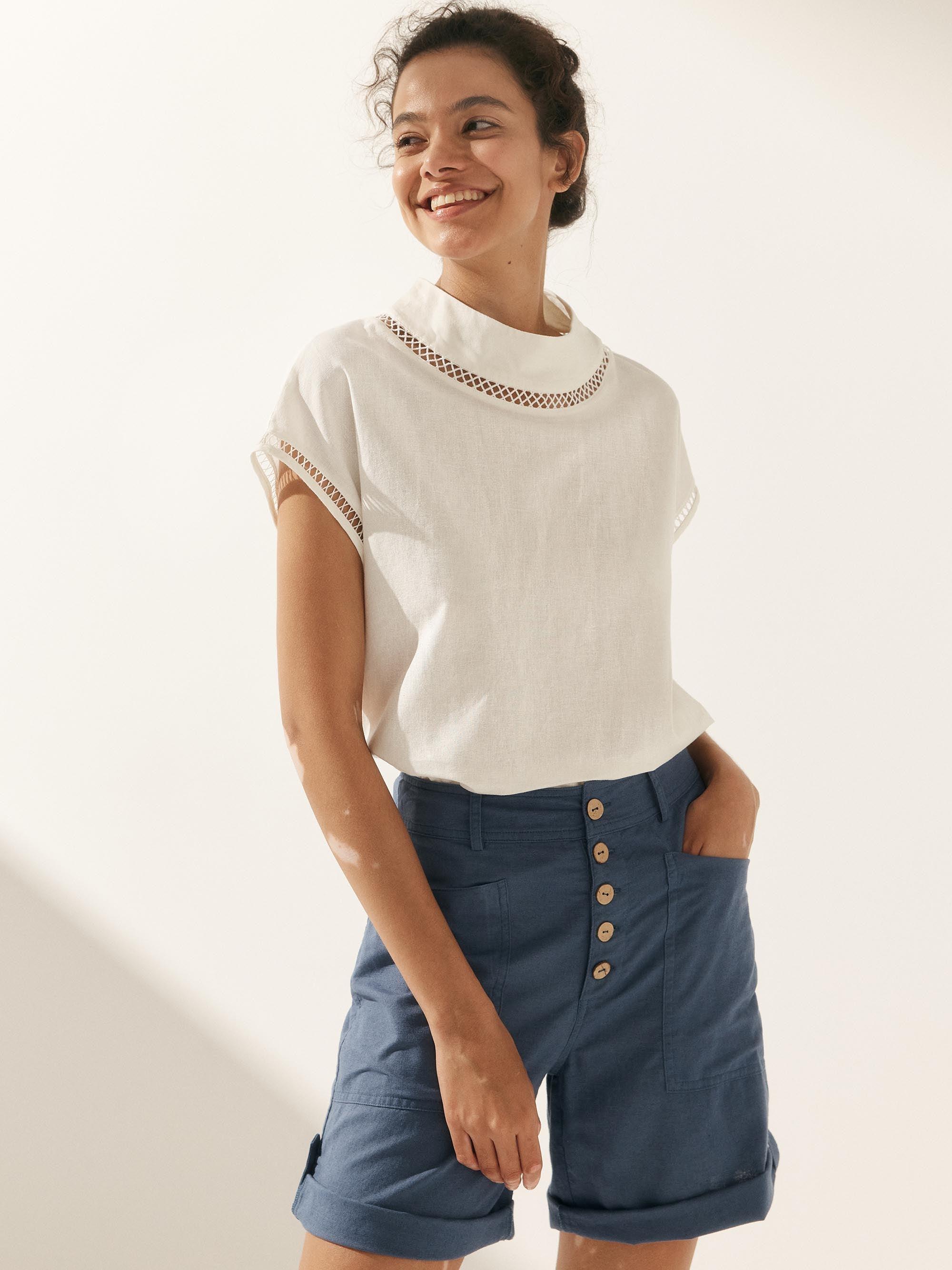 Linen Cutout Turtleneck Top - TOPS-Linen Blouses