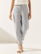 Linen Simple Button Fly Trousers HEIDI - Denim Pinstripe / XS - BOTTOMS-Linen Pants