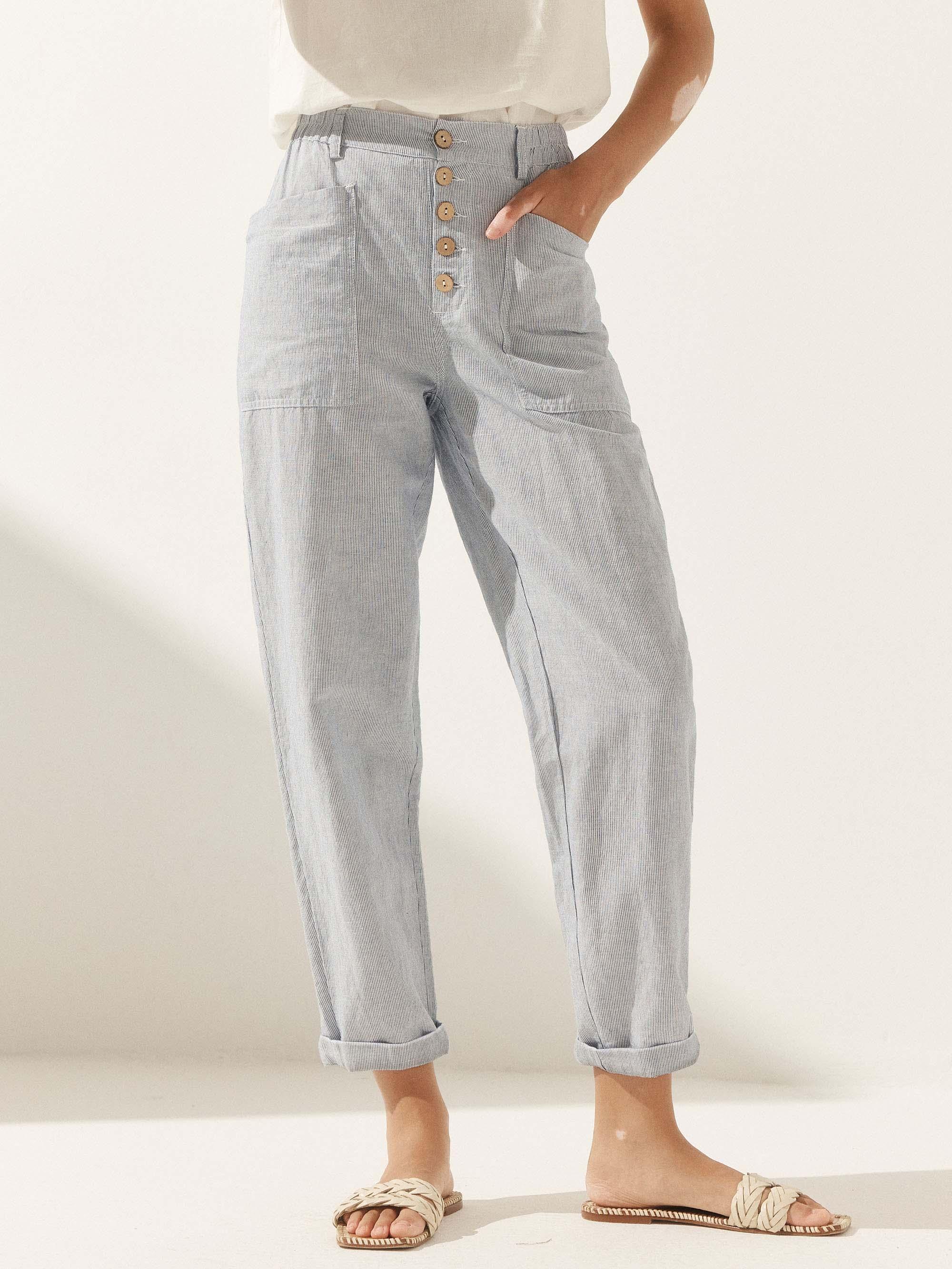 Linen Simple Button Fly Trousers HEIDI - Denim Pinstripe / XS - BOTTOMS-Linen Pants