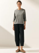 Linen Gingham Checked Round Soft-Fold Collar Top - TOPS-Linen Blouses