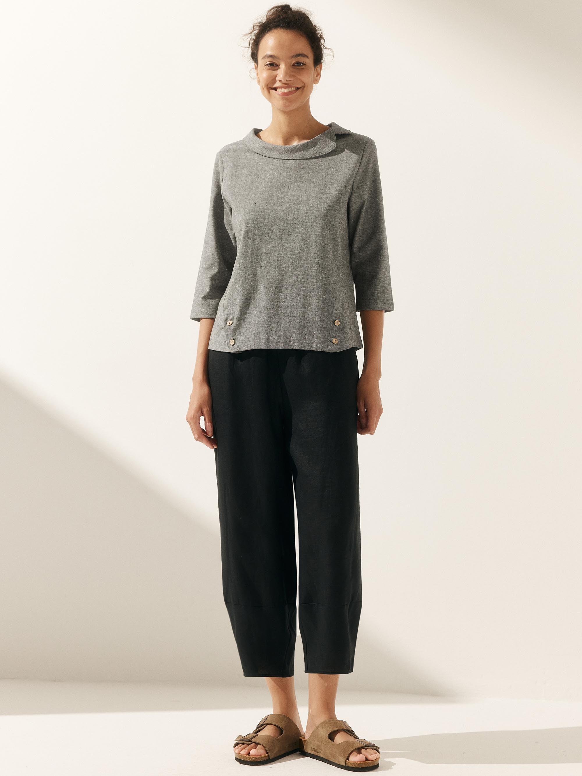 Linen Gingham Checked Round Soft-Fold Collar Top - TOPS-Linen Blouses