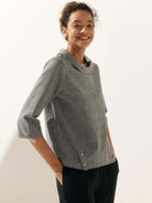 Linen Gingham Checked Round Soft-Fold Collar Top - TOPS-Linen Blouses