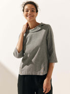 Linen Gingham Checked Round Soft-Fold Collar Top - TOPS-Linen Blouses