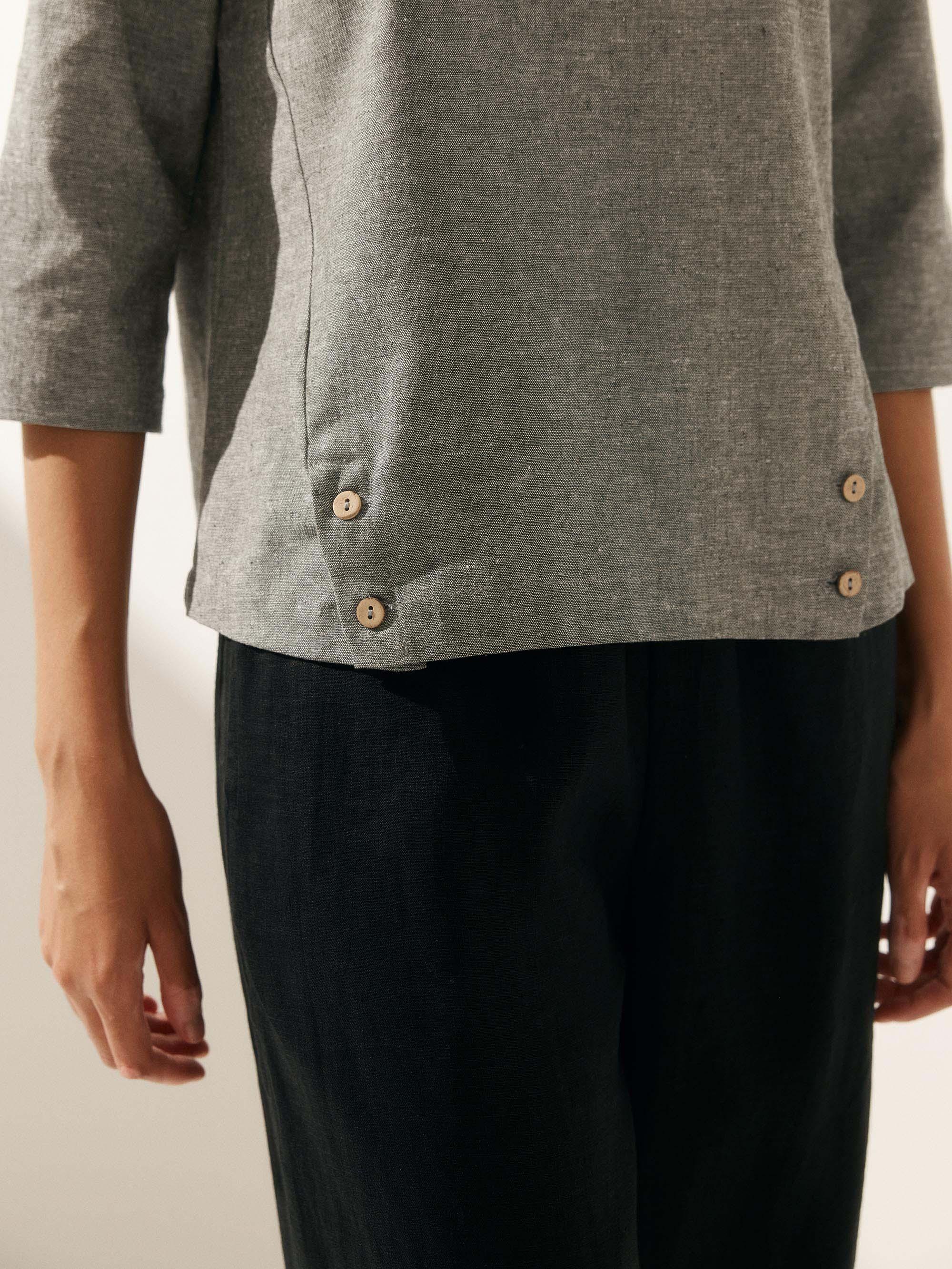 Linen Gingham Checked Round Soft-Fold Collar Top - TOPS-Linen Blouses