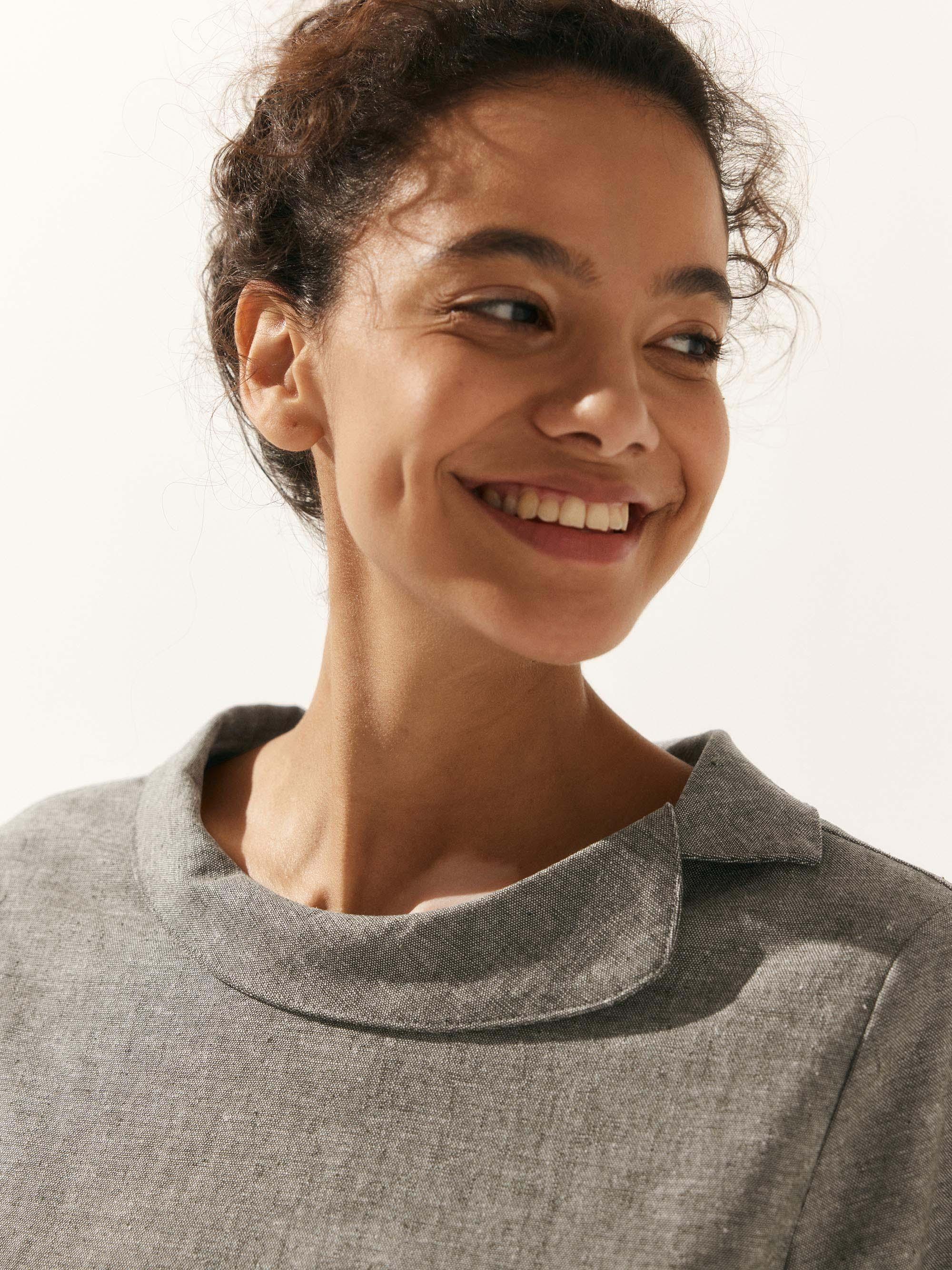 Linen Gingham Checked Round Soft-Fold Collar Top - TOPS-Linen Blouses