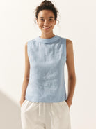 100% Linen Draped Collar Tank Top JACQUELINE - Ice Blue / S - TOPS-Linen Tanks