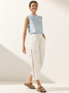 Linen Cropped Hollow Lace Stitching Ankle Length Pants - BOTTOMS-Linen